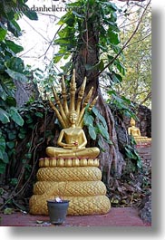 asia, buddhas, buildings, golden, laos, luang prabang, phou si mountain, statues, temples, vertical, photograph