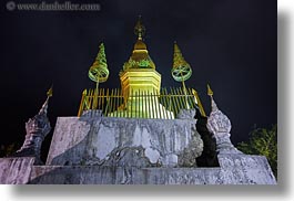 asia, buddhist, buildings, fog, horizontal, laos, luang prabang, nite, phou si mountain, religious, slow exposure, temples, photograph