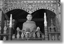 asia, black and white, buddhist, buildings, gates, horizontal, laos, luang prabang, monks, religious, temples, xiethong, photograph