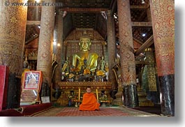 asia, buddhas, buddhist, buildings, golden, horizontal, laos, luang prabang, monks, religious, sitting, slow exposure, temples, xiethong, photograph