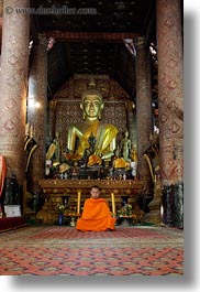 asia, buddhas, buddhist, buildings, golden, laos, luang prabang, monks, religious, sitting, slow exposure, temples, vertical, xiethong, photograph