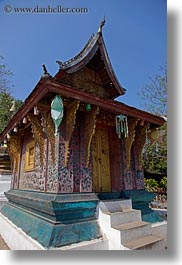 asia, buddhist, buildings, colored, laos, luang prabang, religious, shiney, shiny tiled temple, temples, tiles, vertical, xiethong, photograph