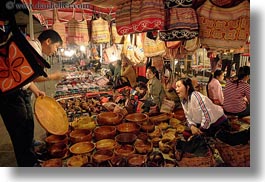 asia, bazaar, bowls, buying, horizontal, laos, luang prabang, market, men, woods, photograph