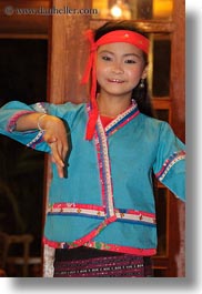 asia, asian, bandana, blues, clothes, dance, dancing, emotions, girls, laos, luang prabang, people, smiles, vertical, photograph