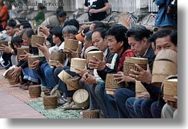 asia, asian, baskets, horizontal, laos, luang prabang, men, offerings, people, rice, photograph