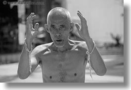 asia, bald, black and white, hands, horizontal, laos, luang prabang, men, old, people, photograph