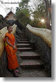 asia, asian, boy and stairs, boys, colors, laos, luang prabang, men, monks, oranges, people, snakes, stairs, vertical, photograph
