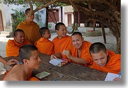 asia, asian, boys, colors, groups, horizontal, laos, laughing, luang prabang, men, monks, oranges, people, photograph