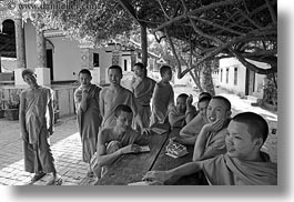 asia, asian, black and white, boys, colors, groups, horizontal, laos, laughing, luang prabang, men, monks, oranges, people, photograph