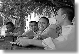 asia, asian, black and white, boys, colors, groups, horizontal, laos, laughing, luang prabang, men, monks, oranges, people, photograph