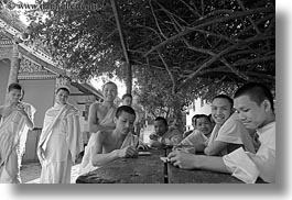 asia, asian, black and white, boys, colors, groups, horizontal, laos, laughing, luang prabang, men, monks, oranges, people, photograph