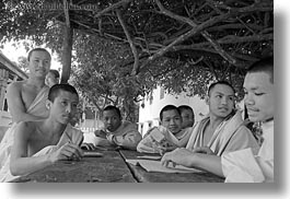 asia, asian, black and white, boys, colors, groups, horizontal, laos, laughing, luang prabang, men, monks, oranges, people, photograph