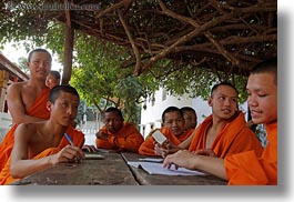 asia, asian, boys, colors, groups, horizontal, laos, laughing, luang prabang, men, monks, oranges, people, photograph