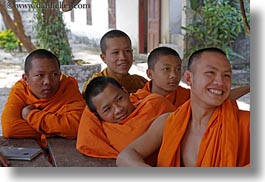 asia, asian, boys, colors, groups, horizontal, laos, laughing, luang prabang, men, monks, oranges, people, photograph