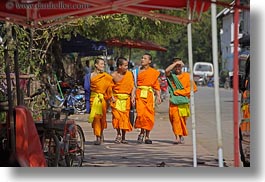 asia, asian, colors, horizontal, laos, luang prabang, men, monks, oranges, people, sidewalks, walking, photograph