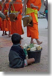 asia, asian, beggar, boys, childrens, colors, laos, luang prabang, men, monks, oranges, people, procession, vertical, photograph
