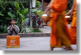 asia, asian, beggar, childrens, colors, girls, horizontal, laos, luang prabang, men, monks, oranges, people, procession, photograph