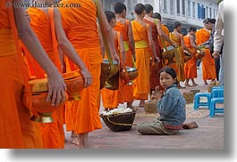 asia, asian, beggar, childrens, colors, girls, horizontal, laos, luang prabang, men, monks, oranges, people, procession, photograph