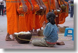 asia, asian, beggar, childrens, colors, girls, horizontal, laos, luang prabang, men, monks, oranges, people, procession, photograph