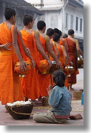 asia, asian, beggar, childrens, colors, girls, laos, luang prabang, men, monks, oranges, people, procession, vertical, photograph