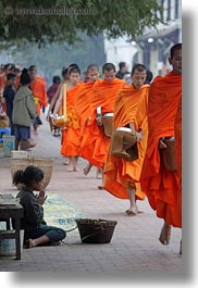 asia, asian, beggar, childrens, colors, girls, laos, luang prabang, men, monks, oranges, people, procession, vertical, photograph