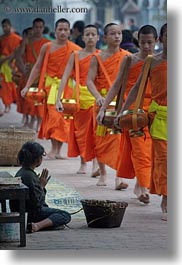 asia, asian, beggar, childrens, colors, girls, laos, luang prabang, men, monks, oranges, people, procession, vertical, photograph