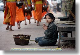 asia, asian, beggar, childrens, colors, girls, horizontal, laos, luang prabang, men, monks, oranges, people, procession, photograph