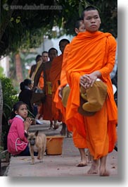 asia, asian, beggar, childrens, colors, girls, laos, luang prabang, men, monks, oranges, people, procession, vertical, photograph