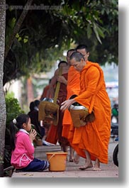 asia, asian, beggar, childrens, colors, girls, laos, luang prabang, men, monks, oranges, people, procession, vertical, photograph