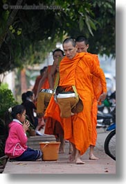 asia, asian, beggar, childrens, colors, girls, laos, luang prabang, men, monks, oranges, people, procession, vertical, photograph