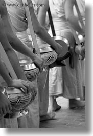 alms, arms, asia, asian, black and white, colors, laos, luang prabang, men, monks, oranges, people, procession, vertical, photograph