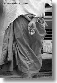 asia, asian, black and white, hands, helping, laos, luang prabang, men, monks, people, procession, vertical, photograph