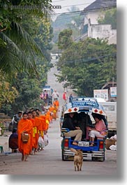 asia, asian, colors, laos, luang prabang, men, monks, oranges, people, procession, vertical, walking, photograph