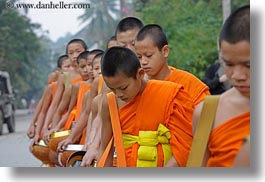 asia, asian, colors, horizontal, laos, luang prabang, men, monks, oranges, people, procession, walking, photograph