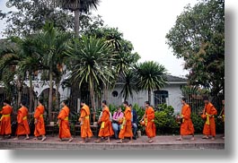 asia, asian, colors, horizontal, laos, luang prabang, men, monks, oranges, people, procession, walking, photograph