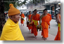 asia, asian, colors, horizontal, laos, luang prabang, men, monks, oranges, people, procession, walking, watching, photograph
