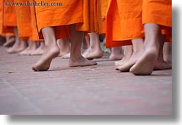 asia, asian, bare, colors, feet, horizontal, laos, luang prabang, men, monks, oranges, people, procession, walking, photograph