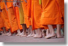 asia, asian, bare, colors, feet, horizontal, laos, luang prabang, men, monks, oranges, people, procession, walking, photograph