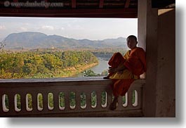 asia, asian, colors, horizontal, laos, luang prabang, men, monks, oranges, overlooking, people, rivers, silhouettes, singles, photograph