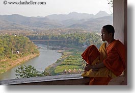 asia, asian, colors, horizontal, laos, luang prabang, men, monks, oranges, overlooking, people, rivers, silhouettes, singles, photograph