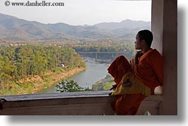 asia, asian, colors, horizontal, laos, luang prabang, men, monks, oranges, overlooking, people, rivers, silhouettes, singles, photograph