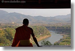 asia, asian, colors, horizontal, laos, luang prabang, men, monks, oranges, overlooking, people, rivers, silhouettes, singles, photograph