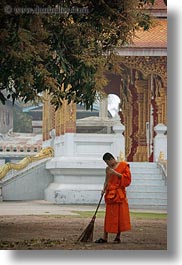 asia, asian, colors, laos, luang prabang, men, monks, oranges, people, singles, sweeping, vertical, photograph