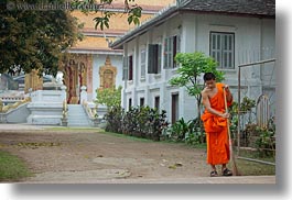 asia, asian, colors, horizontal, laos, luang prabang, men, monks, oranges, people, singles, sweeping, photograph