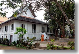 asia, asian, colors, horizontal, laos, luang prabang, men, monks, oranges, people, singles, sweeping, photograph