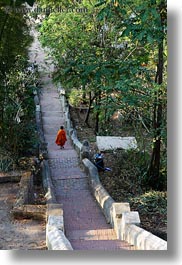 asia, asian, colors, down, laos, long, luang prabang, men, monks, oranges, people, singles, stairs, vertical, walking, photograph