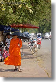 asia, asian, colors, laos, luang prabang, men, monks, oranges, people, singles, umbrellas, vertical, walking, photograph