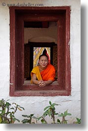 asia, asian, colors, laos, luang prabang, men, monks, oranges, people, singles, vertical, windows, photograph