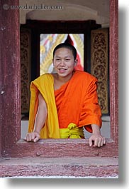 asia, asian, colors, laos, luang prabang, men, monks, oranges, people, singles, vertical, windows, photograph