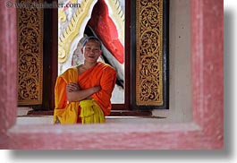 asia, asian, colors, horizontal, laos, luang prabang, men, monks, oranges, people, singles, windows, photograph